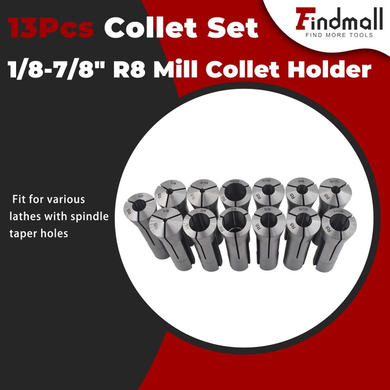 findmall 13Pcs Collet Set 1/8-7/8" R8 Mill Collet Holder Fit for CNC Engraving Machine - Image 2